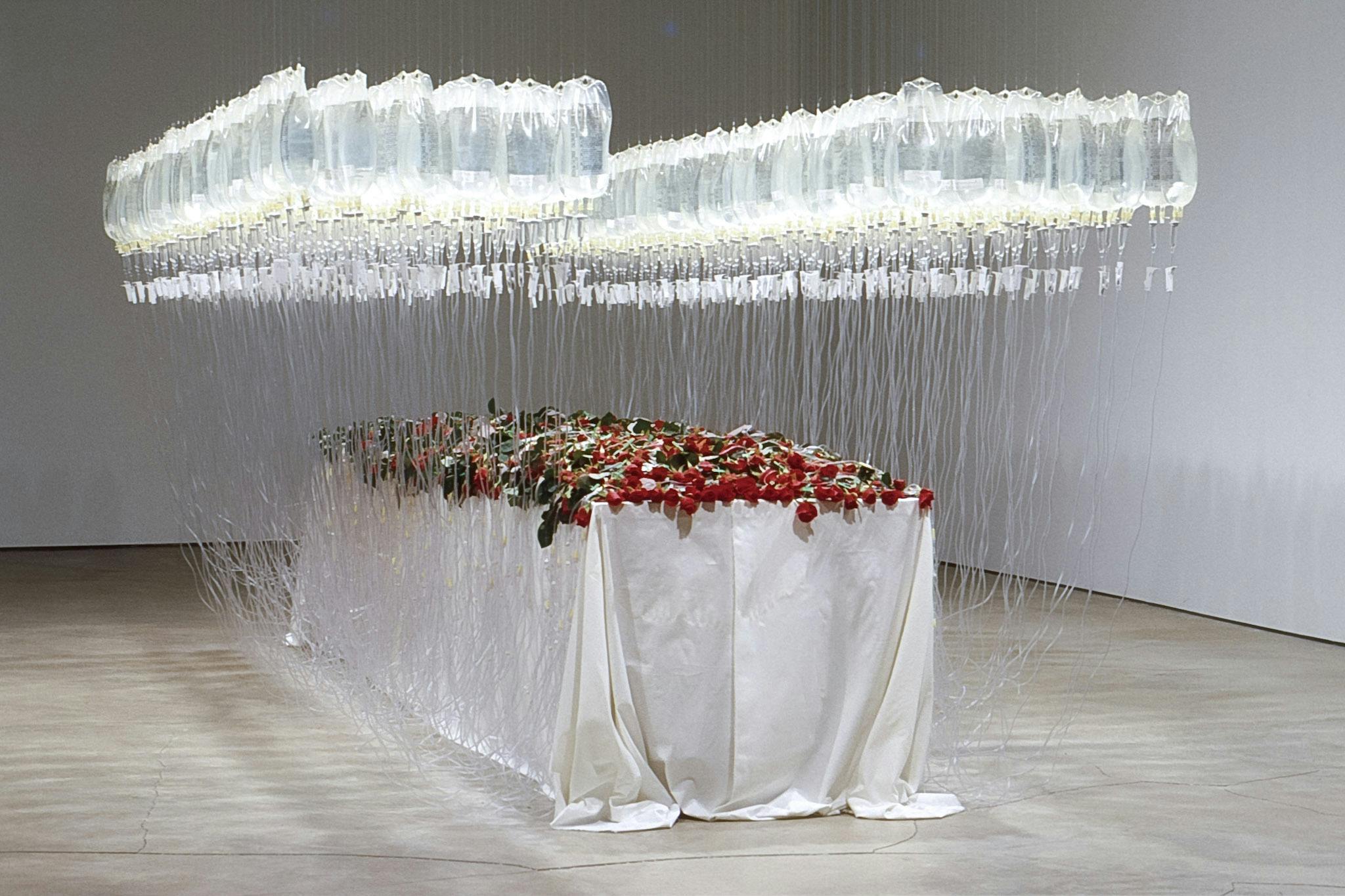 In the gallery, a bed covered by a white sheet is installed. Dozens of red roses, which are tied to the infusion bags via tubes hanging from the ceiling, are placed on the bed.