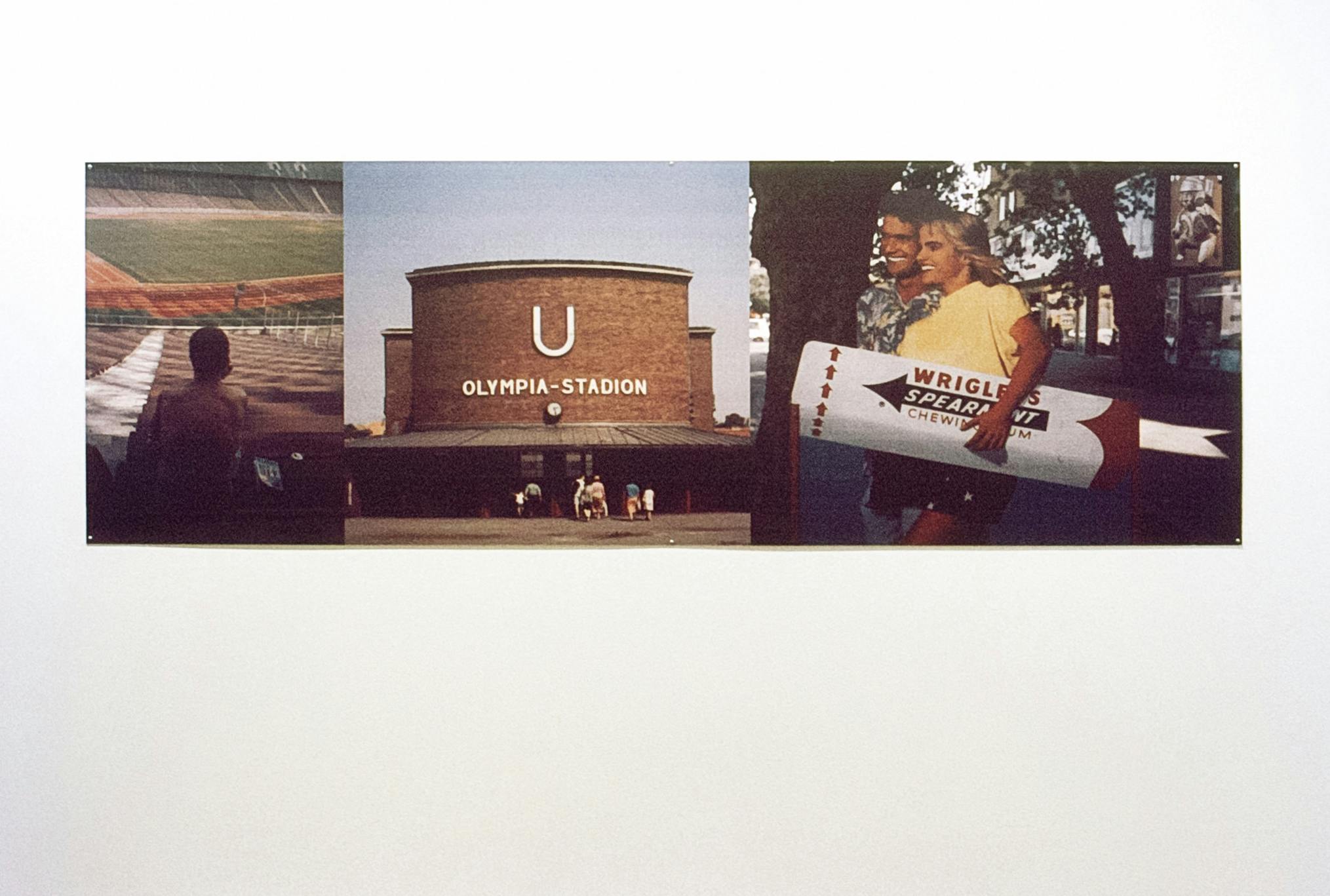 A long horizontal print containing three photographs in a row. One image is of a figure facing a baseball field, the next is of the outside of a sports stadium and the third is of two smiling people. 