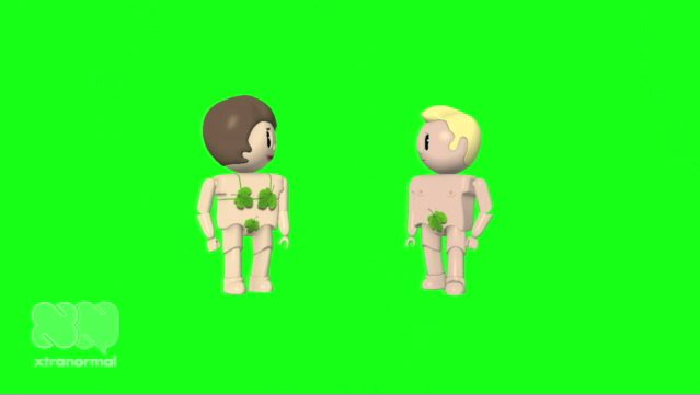 An image of two animated, toy-like human characters on a fluorescent green background. They are naked except for small green leaves that cover their intimate parts.