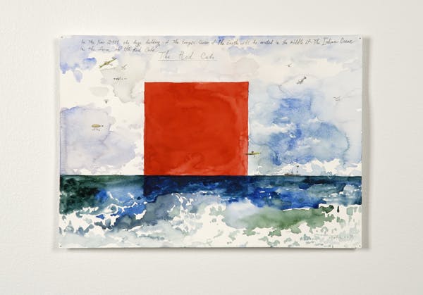A small watercolor painting depicting a watery landscape with a bright red square shape in the centre. Faint pencil text is visible at the top of the paper. 
