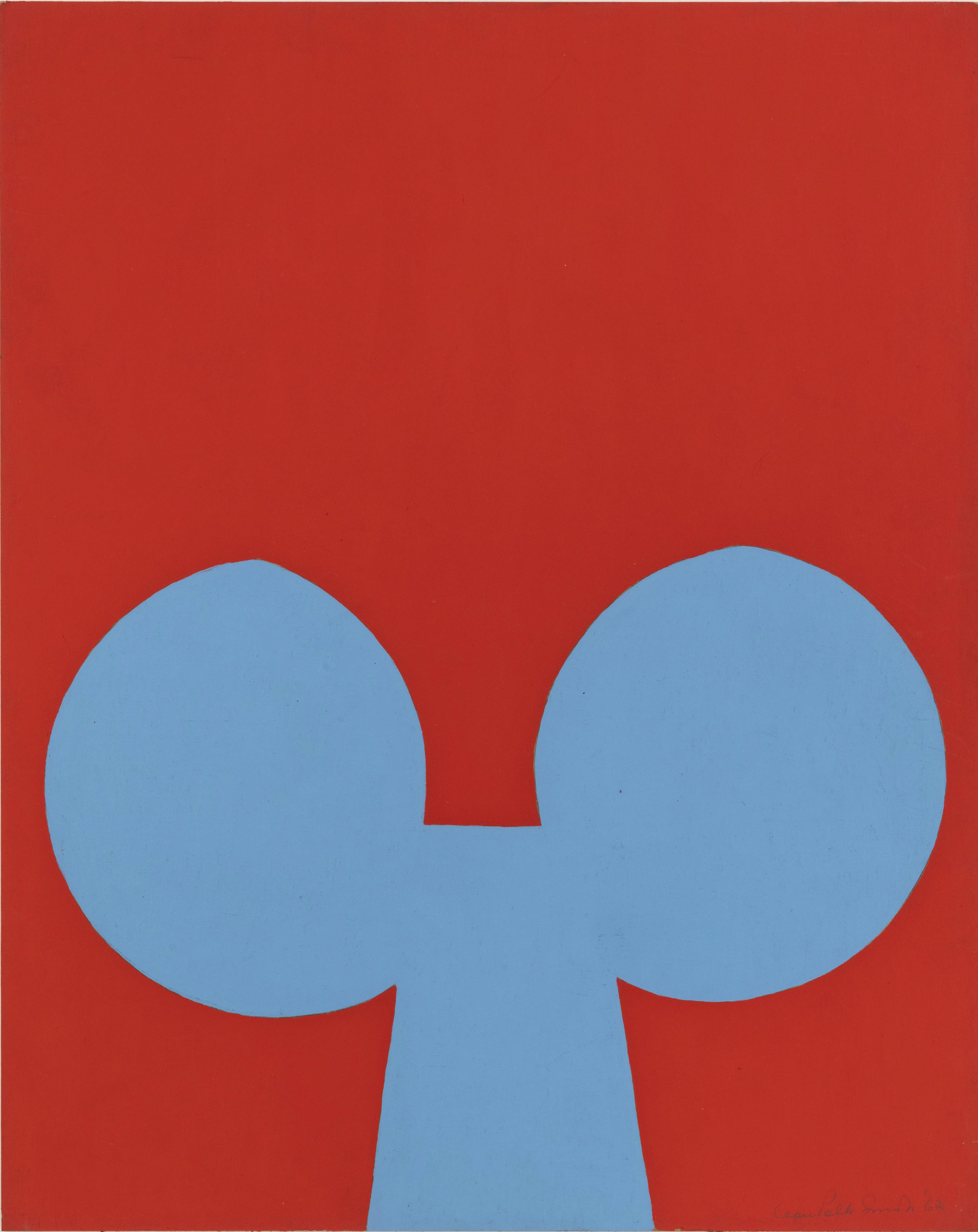 A painting by Leon Polk Smith. The work is a vibrant red, painted flatly all over. In the lower half of the image sits a large, light blue shape: two circles connected by a rectangular form.
