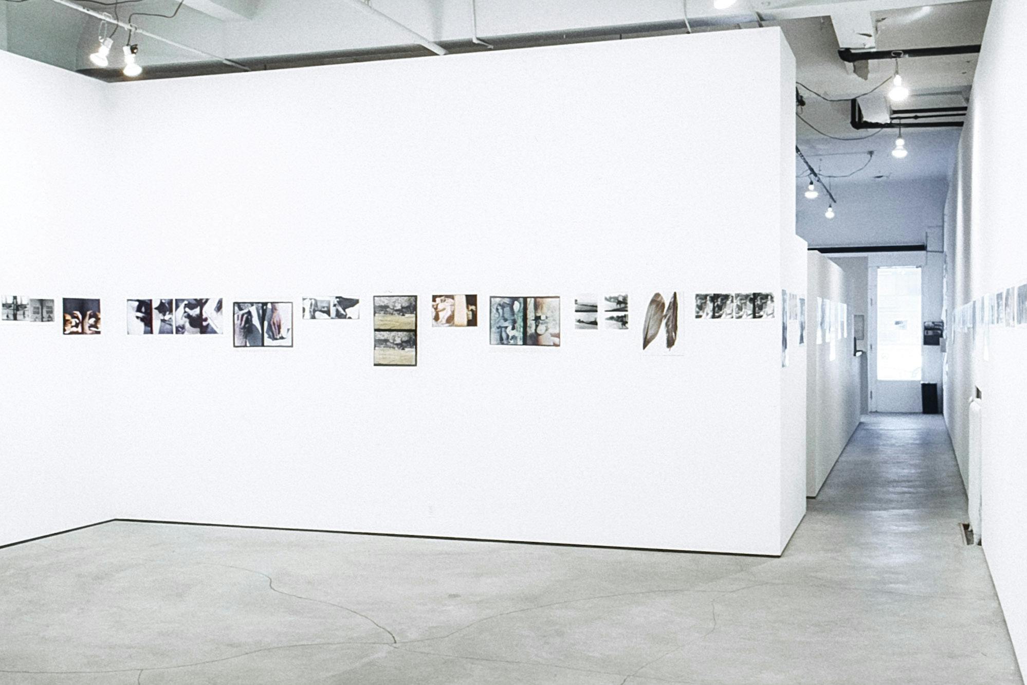 A gallery space with dozens of photos displayed in a line across the walls. The photos vary in size and orientation - some are vertical, some are horizontal, with variation in colour and tone as well.