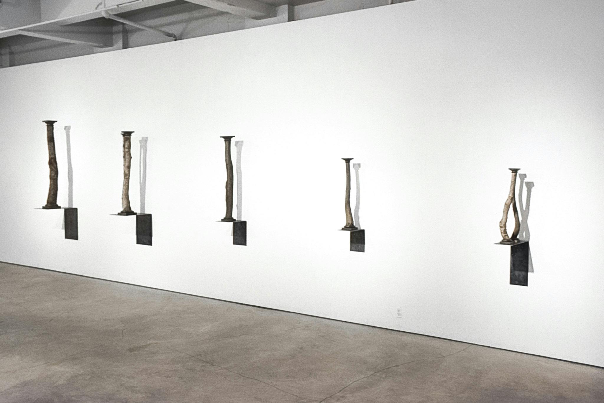 5 artworks on narrow metal shelves, decreasing in size from left to right. The works are various tree trunks and branches, with pieces added to their tops and bottoms, making them resemble columns.
