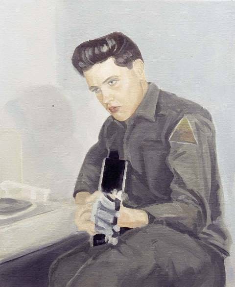 A painting of Elvis seated playing a guitar, dressed in grey clothing. 