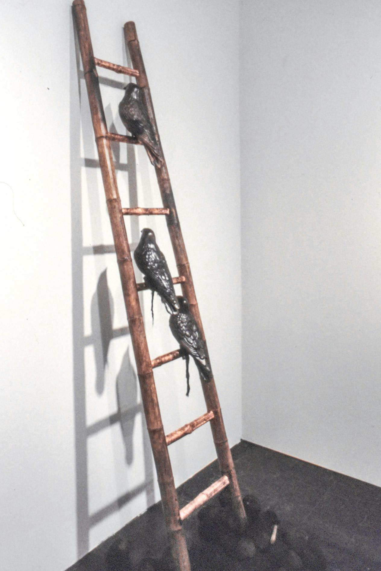 A closeup of an artwork in the corner of a gallery. The work is a bronze wood-like ladder with dark metal birds resting on the rungs. On the floor, there are small black rocks around the ladder.