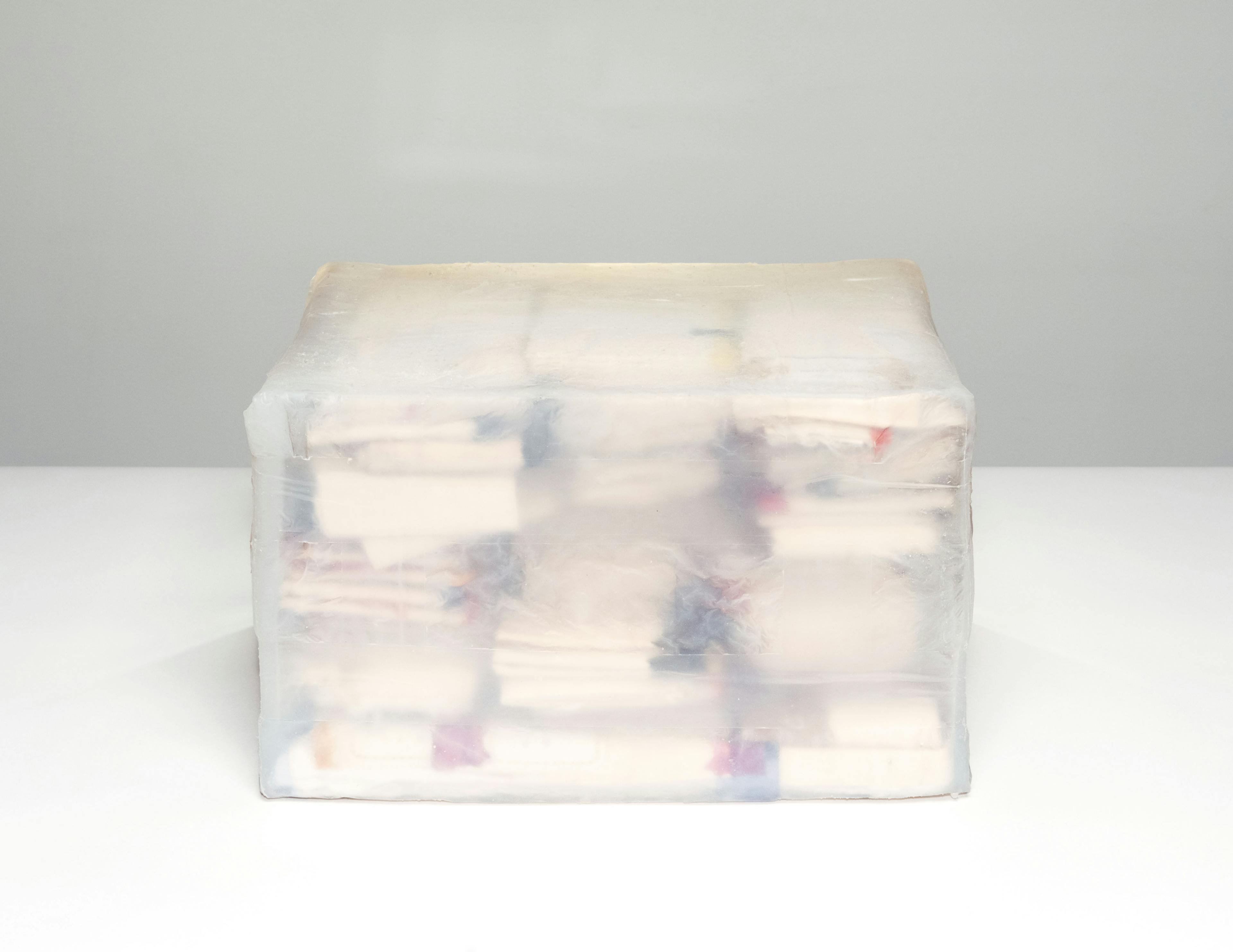 A box-shaped sculpture made from translucent silicone with indiscernible shapes inside. 