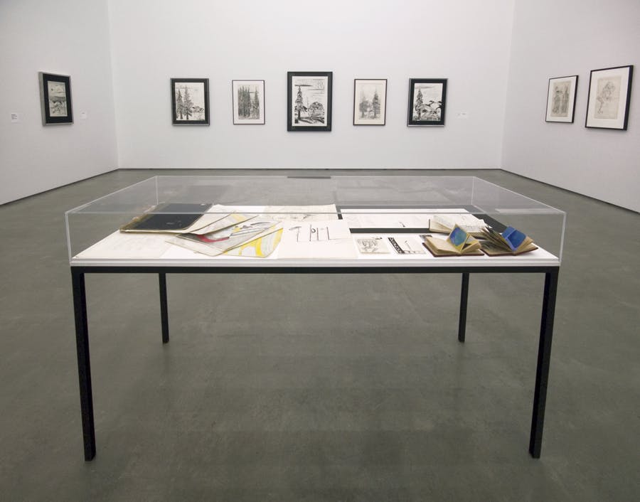 Eight framed works on paper mounted on three gallery walls. A glass vitrine table sits at the center of the room. Within the vitrine, books and more works on paper are displayed.