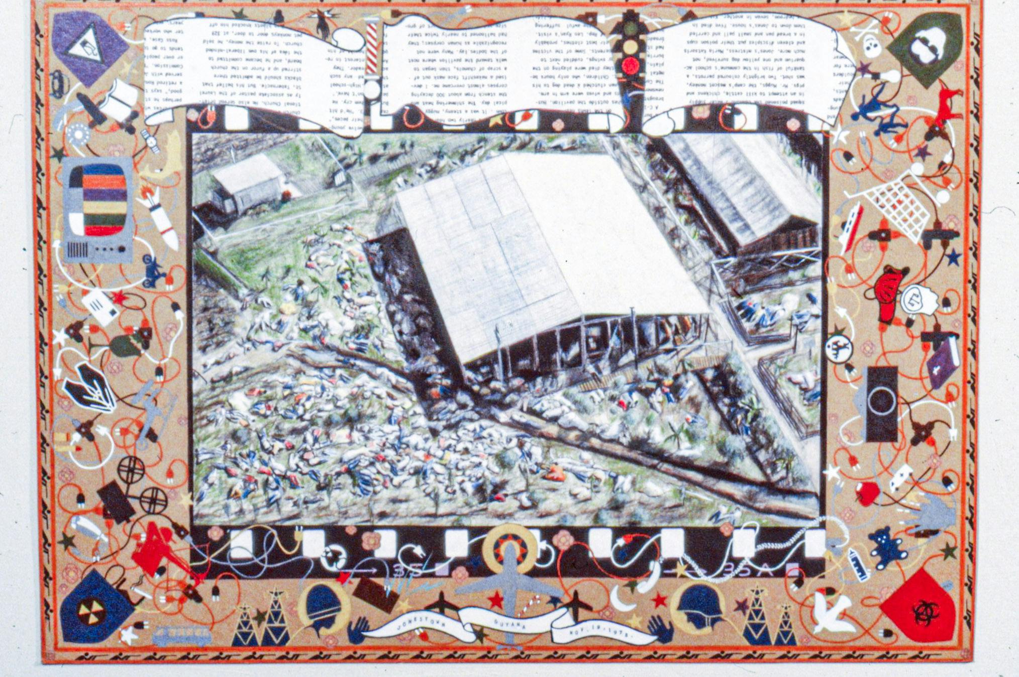 A 5 foot by 7 foot carpet on a wall. The carpet shows an aerial shot of the 1978 Jonestown tragedy, and has a decorative border with stylized images of airplanes, cables, toys, soldiers, and more.