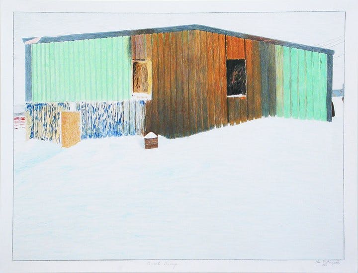 A drawing of a one-story building with panel siding rises above a blank, snowy ground. The siding is teal green except for a section in the middle where it is marked with brown, orange and black. 