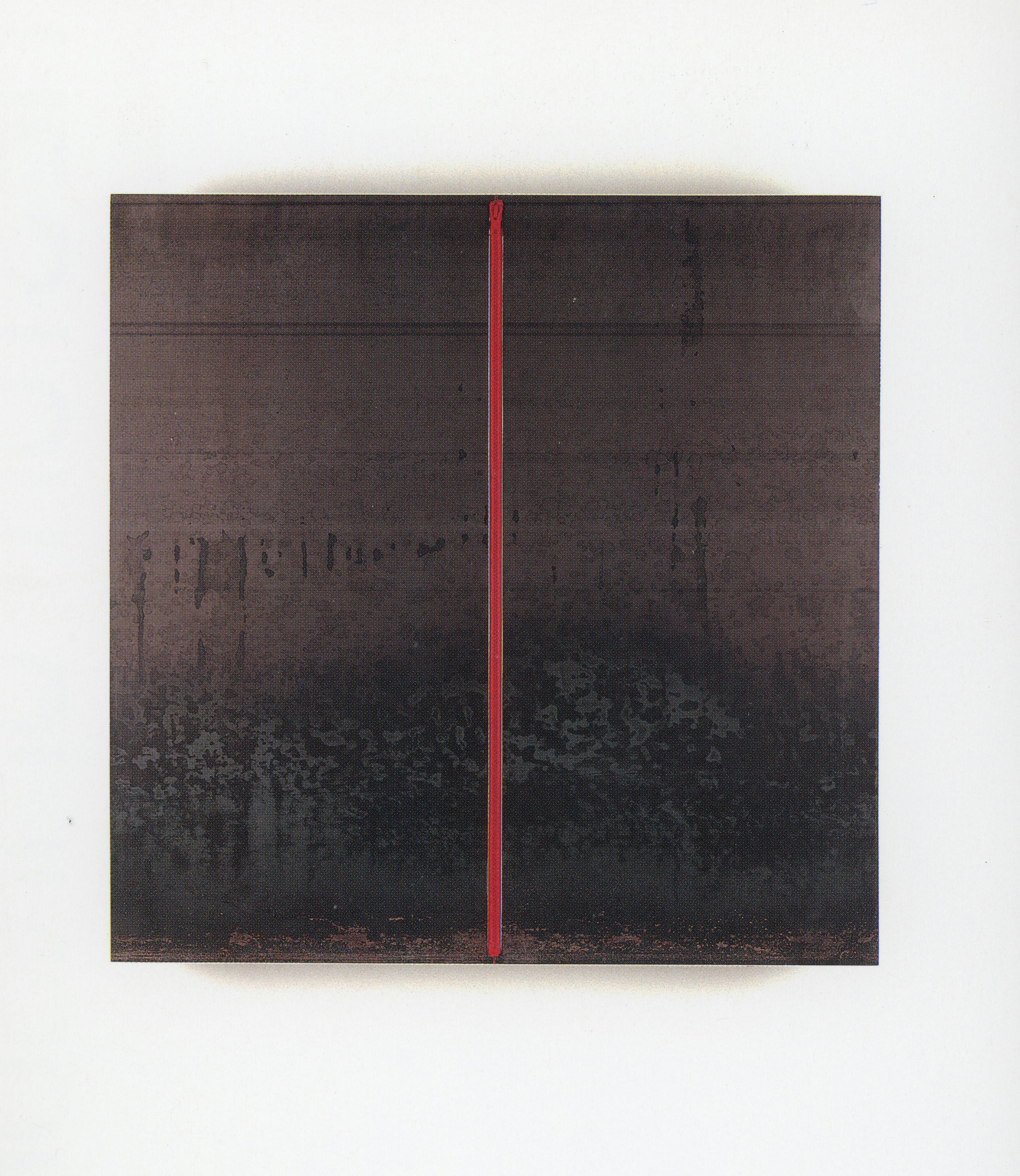 A square-shaped artwork is installed on the gallery wall. Some oil-stain like patterns are visible on the surface of the work. It’s overall colour is black. A red thin vertical line runs  the middle of the work.