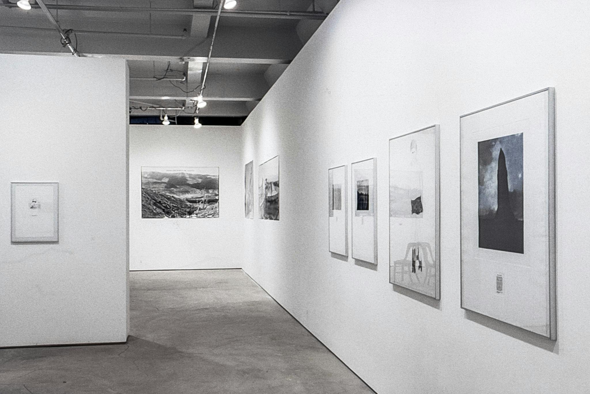 Walls of a gallery space lined with artworks. The works in the foreground are medium-sized illustrations in metal frames. In the background there are large, unframed, black and white photos.