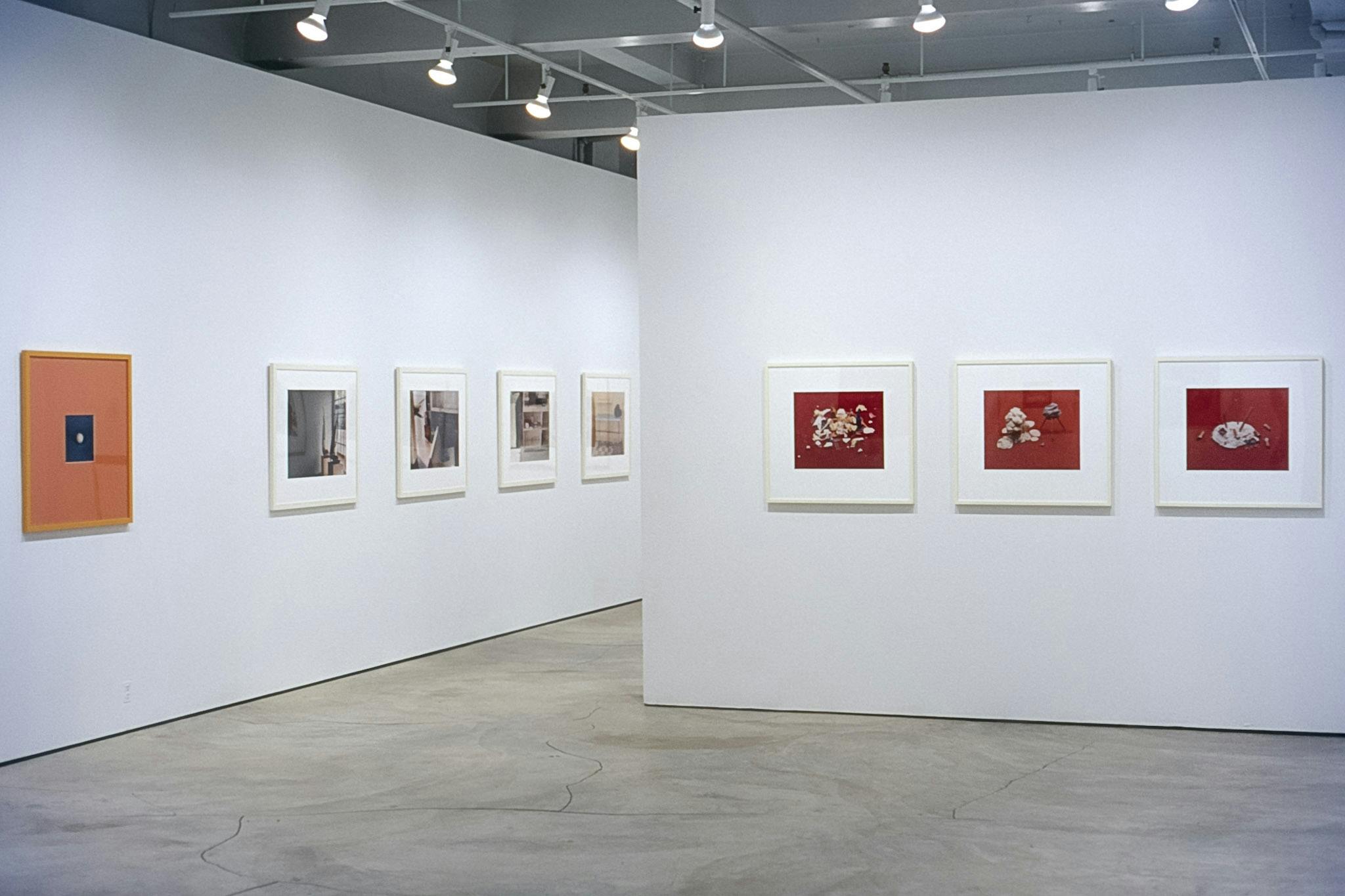 Eight photo pieces are mounted on gallery walls. Three on the front wall depict white organic shapes assembled in the red background. Four in the back are photographs of house interiors.  