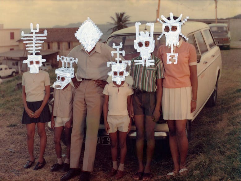 A faded photograph of a family of six standing in front of a car. White mask-like shapes have been painted over their faces. 