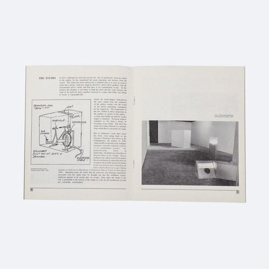 A booklet printed on newsprint, with an illustration, text, and a photo. The photo is of a gallery with a lightbulb on a plinth. The illustration shows the bicycle device that powers the lightbulb.
