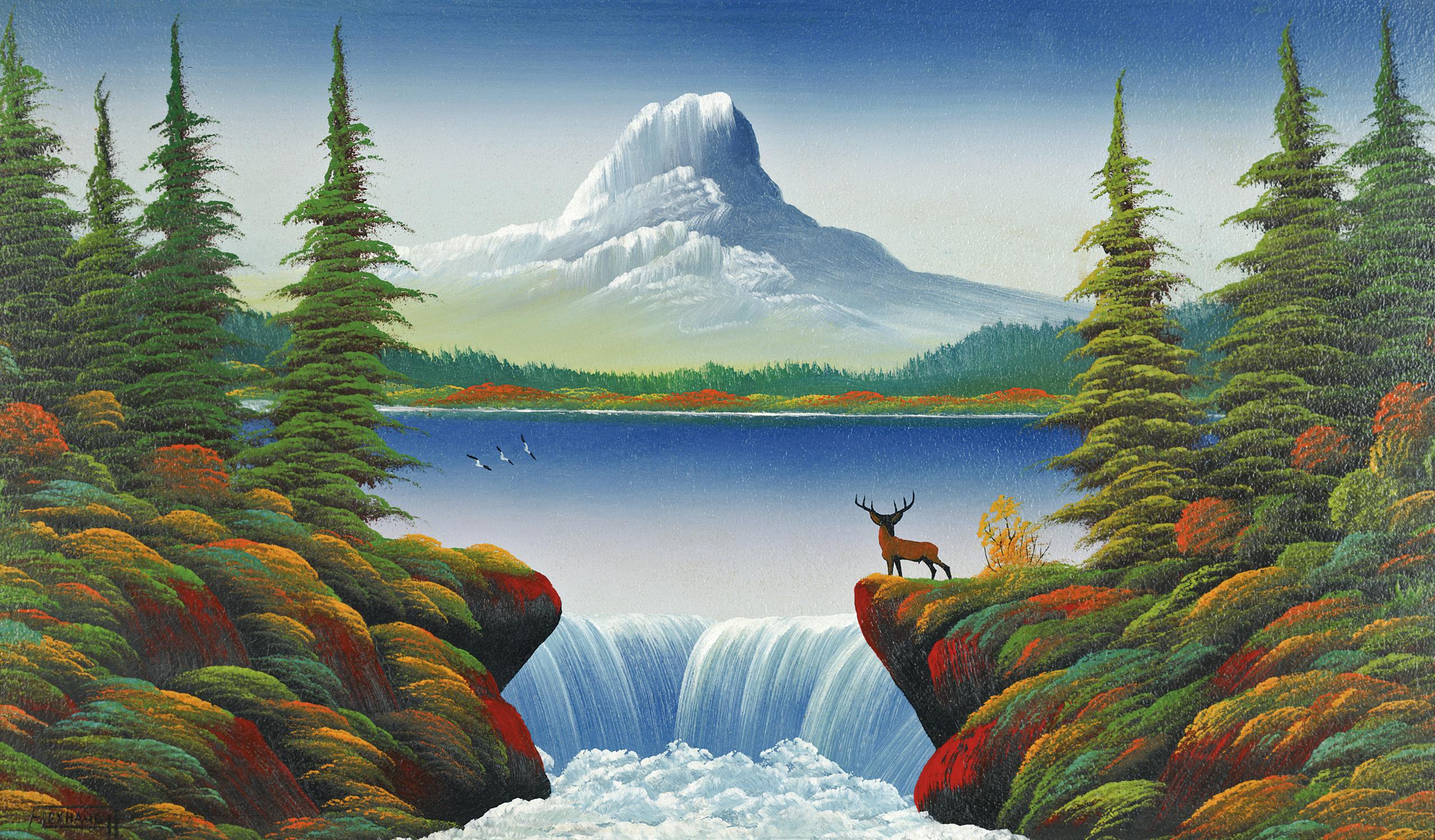 A landscape painting depicting a lake and a waterfall framed by pine trees. There is a mountain in the background and a deer standing on colorful rocks to the right.
