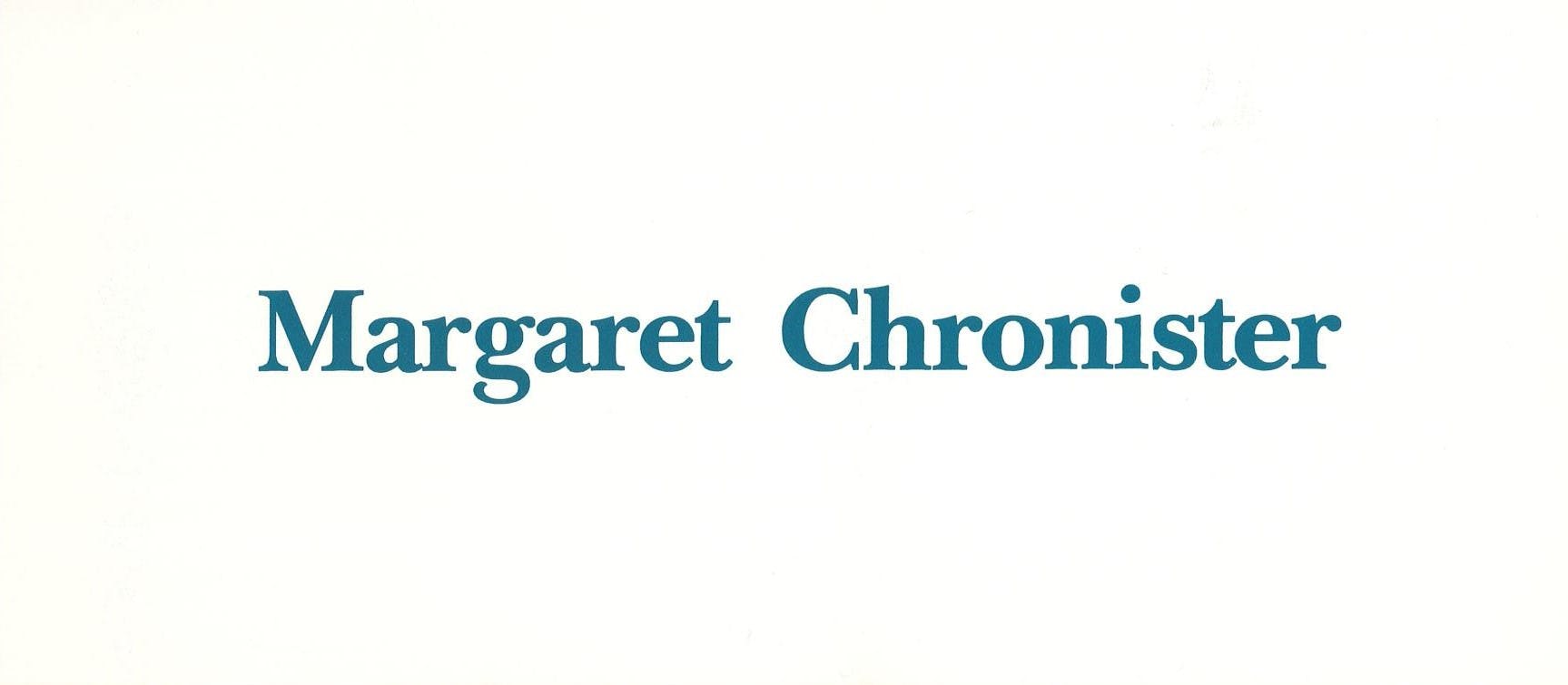 A thin horizontal image which contains blue text that says “Margaret Chronister” on a stark white background. 