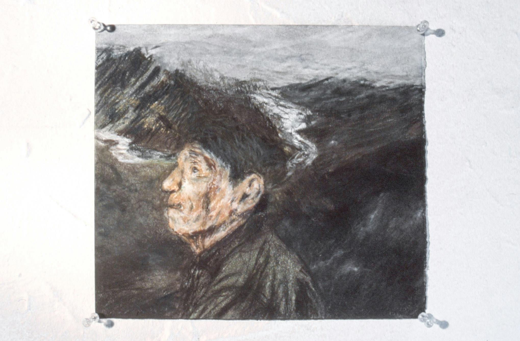A closeup of a small pastel drawing, pinned to the wall with clear tacks. The drawing shows an elder person with dark hair and tan skin in front of a snowy mountain range.  