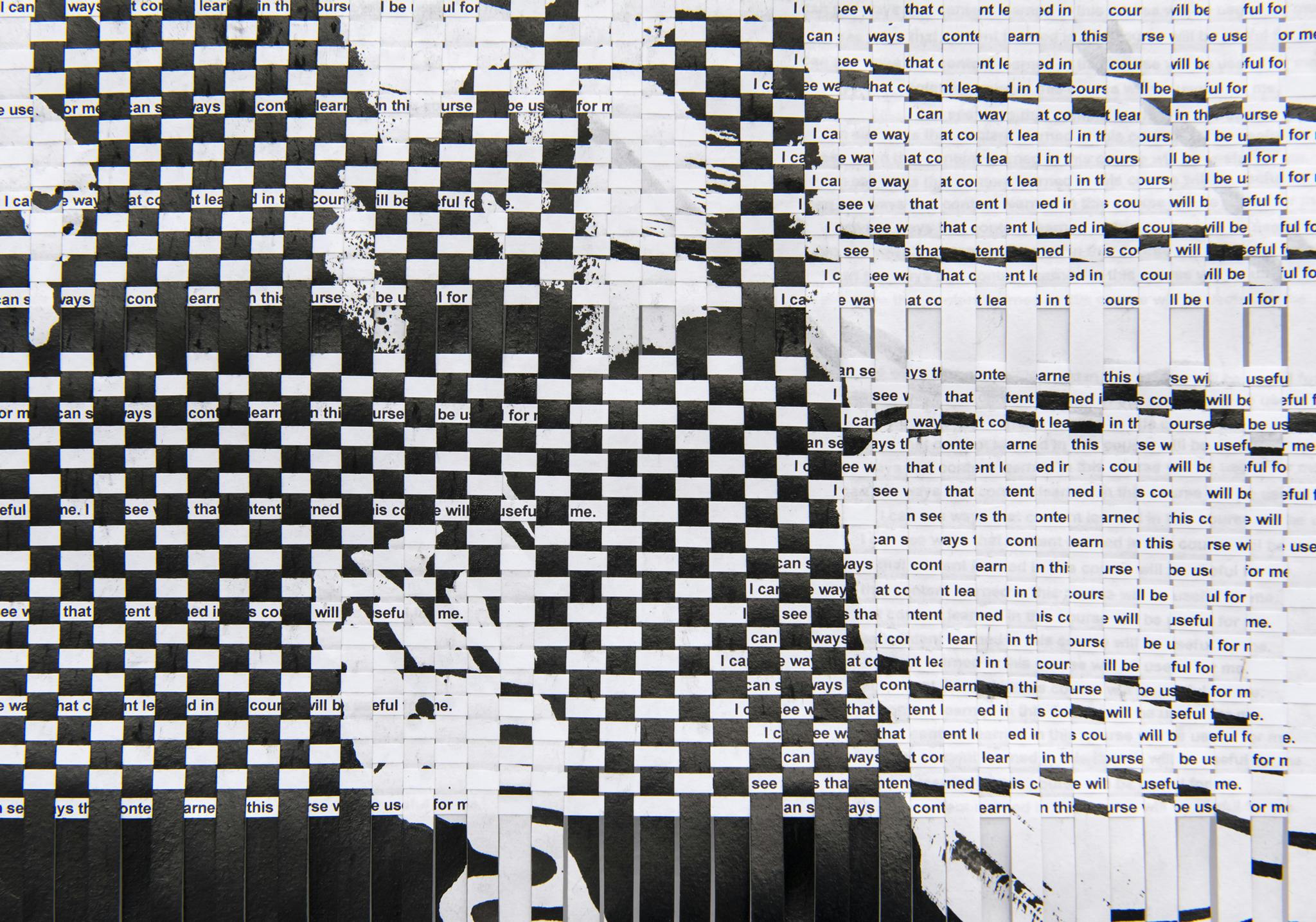 A detail of Damla Tamer's artwork. It is a weaving of black and white printed paper. 