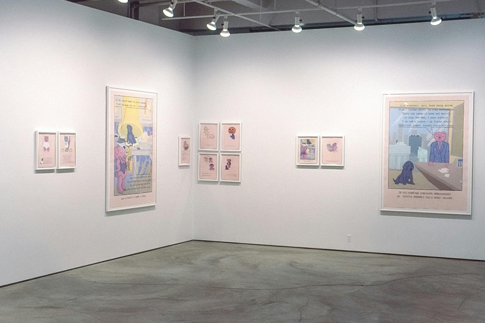 Eleven drawings are installed in the gallery. In a comic book style formatting, certain characters such as a pink bear dressed in blue and blue docs are repeatedly depicted in different scenes.