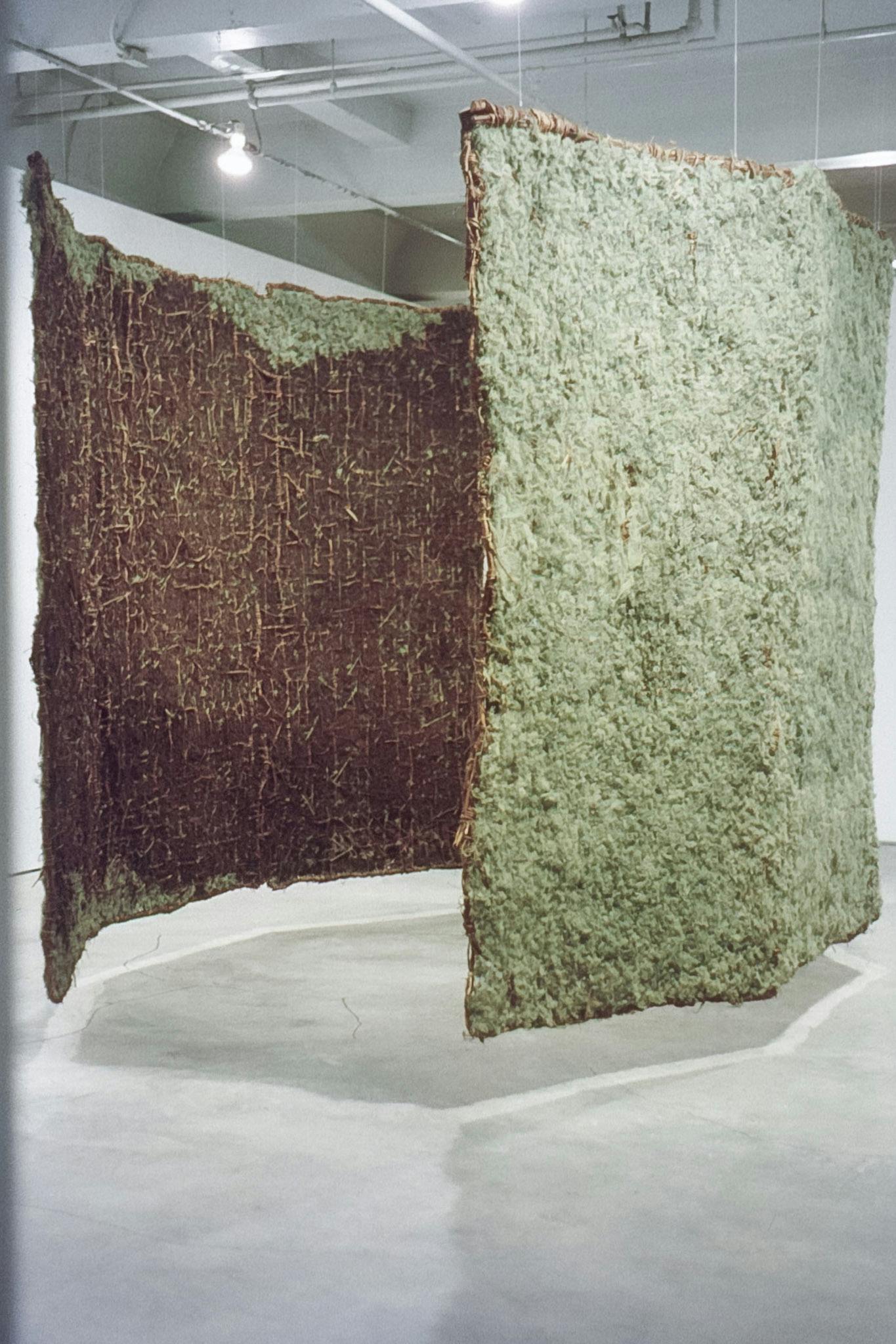 A large installation in a gallery. The work is a two large plane of coils of rusty wire on one side, and green moss on the other curved into an incomplete cylinder, suspended above the ground.
