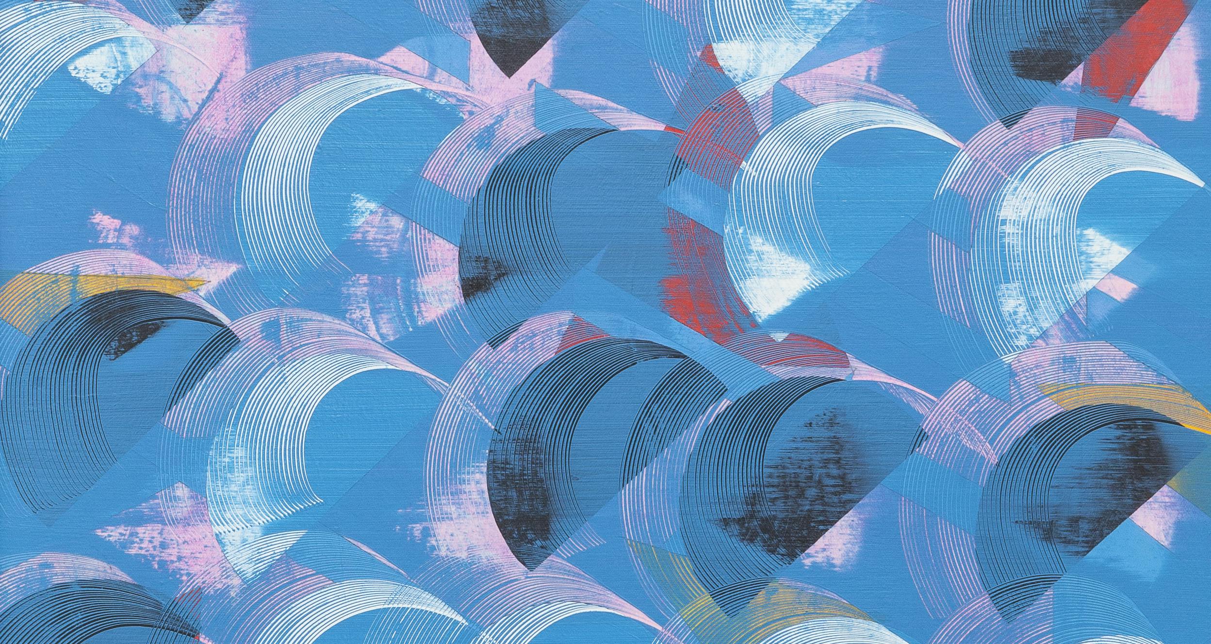 A close up view of an abstracting painting. The painting is made up of a repeating pattern of mainly pink, blue, black, and white crescent moon-like shaped brushstrokes. 