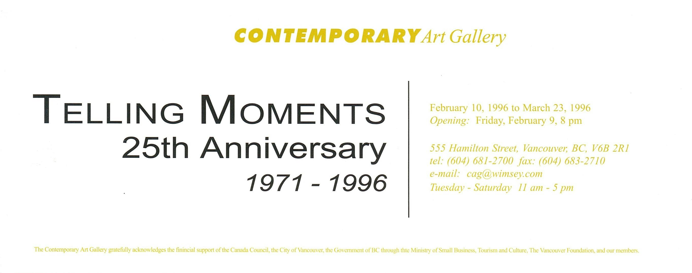 A scanned exhibition invitation. It has a white background with yellow text that contains information about the exhibition and gallery. The exhibition title is written in bold black text.