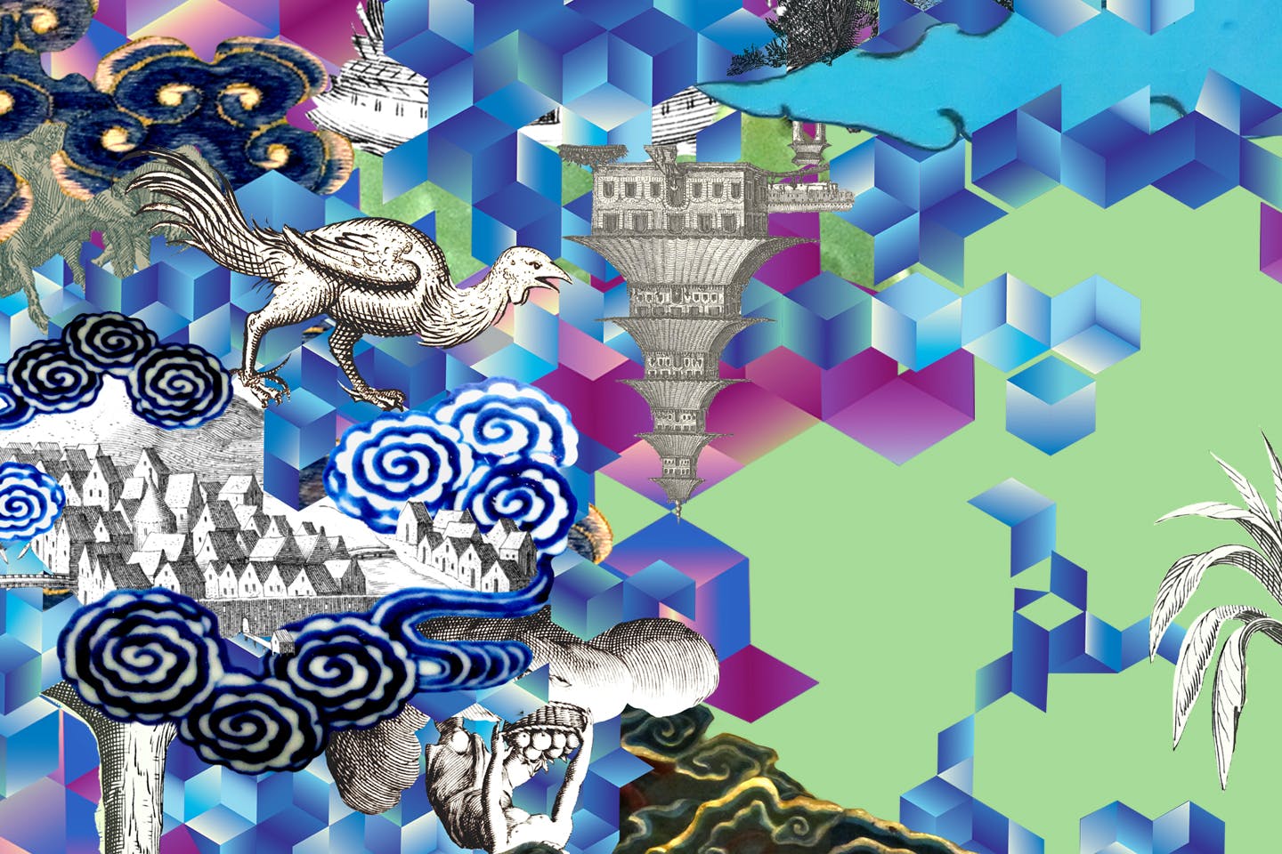 A graphic pattern made up of a purple, blue and green geometric background with various illustrations of buildings, swirling clouds, imaginary birds and plants superimposed on top.