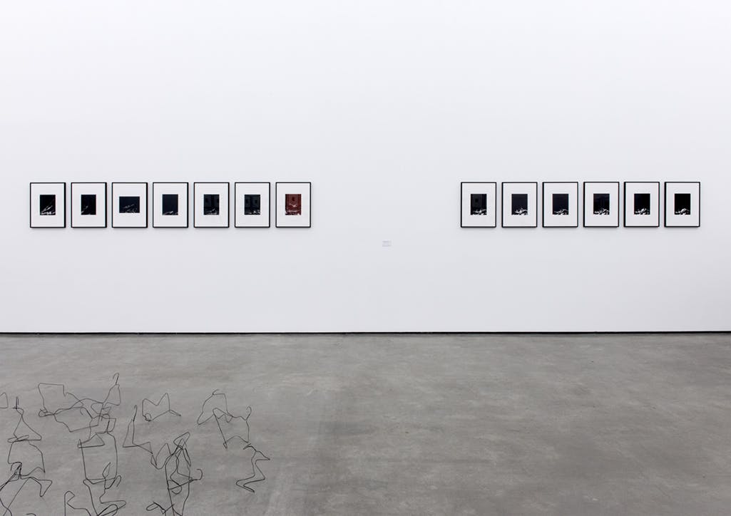 James Welling’s artworks installed in a gallery. 13 framed photographs hang on the wall. One of the pictures is reddish in tone, with the others all black. Some wire sculptures are visible, installed on the floor.