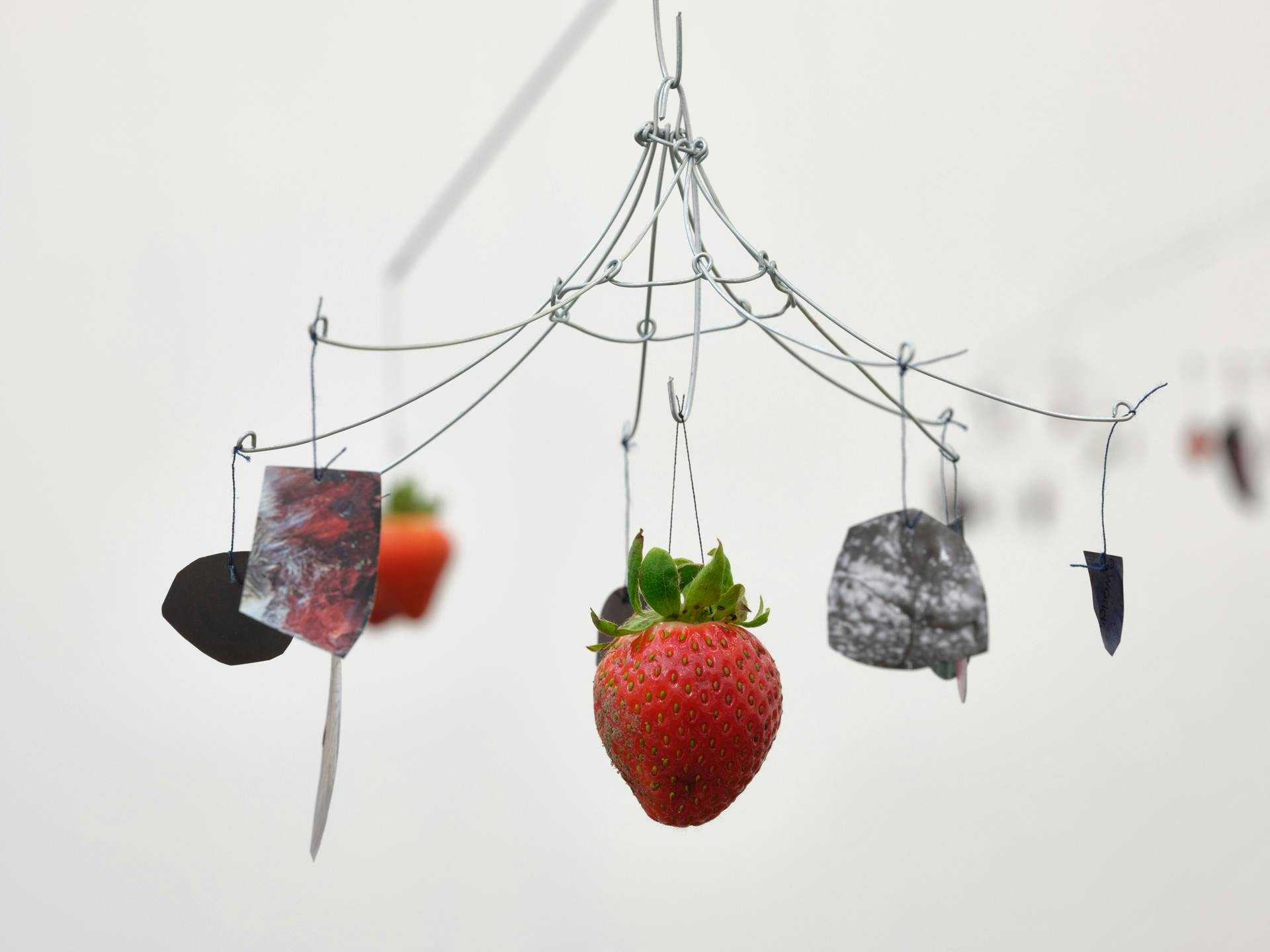 Paper cutouts and a strawberry hang from thin metal wires.