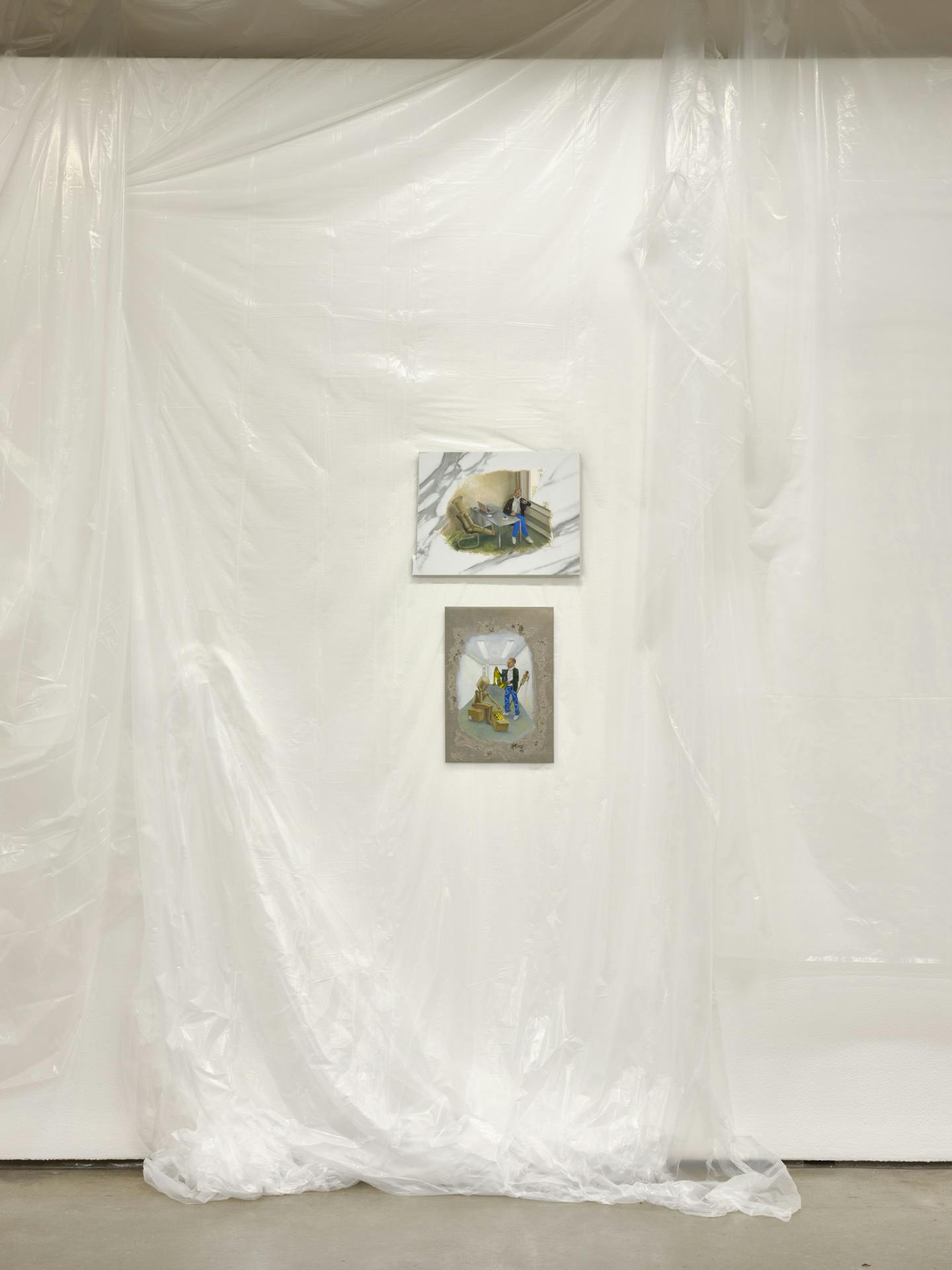 Two small paintings hang stacked on a gallery wall draped with translucent plastic sheets. The painting on the top is painted on a faux-marble tile, the one on the bottom on a vertical sheet of metal.