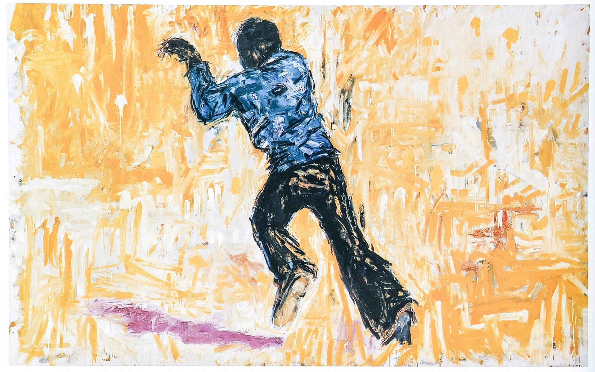 A gestural painting showing a dark figure in a blue jacket and flared black pants running with their arms raised in front of them. The background is made of yellow and white brush strokes.