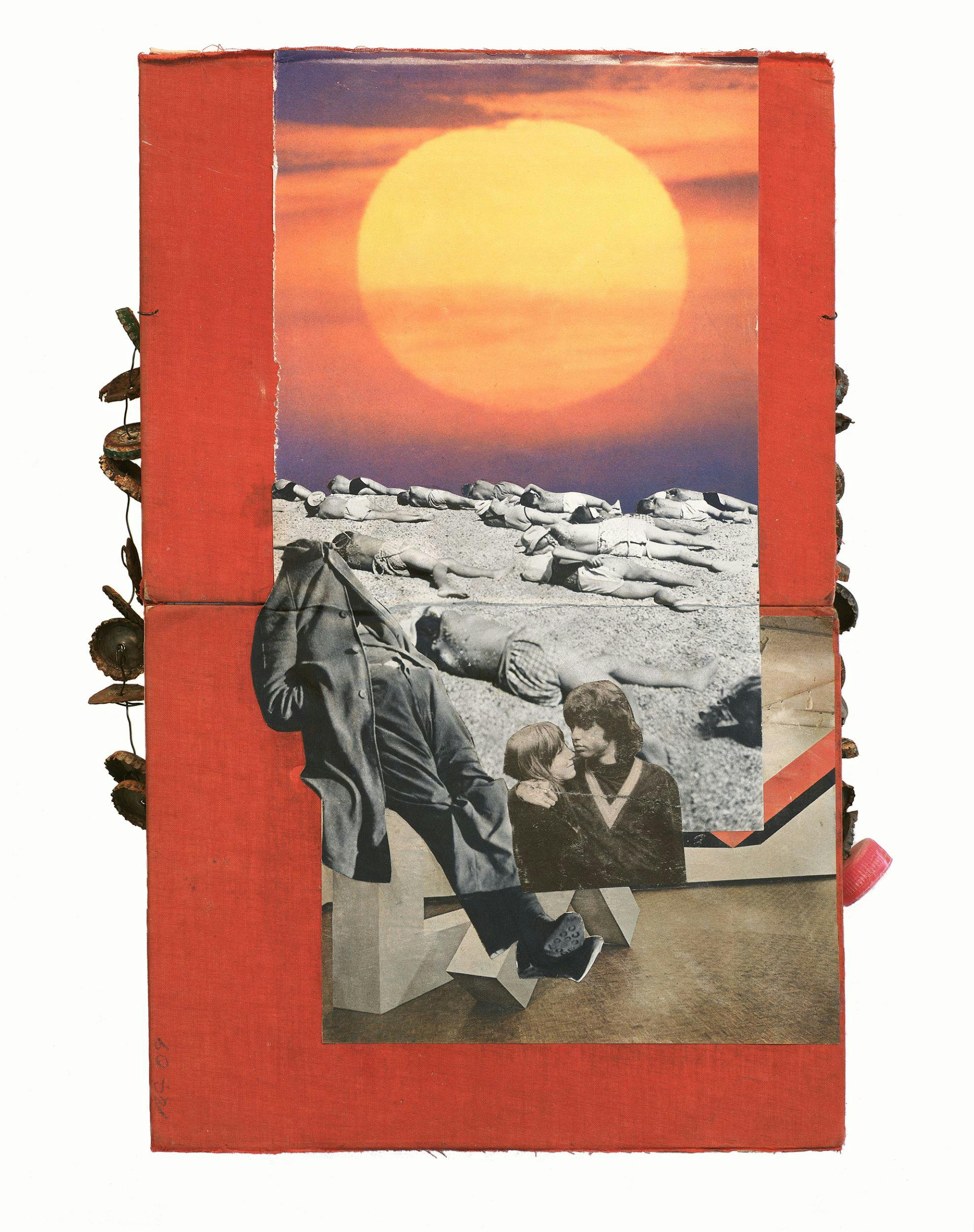 A collage of cut and pasted photographs on a red background; a sunset, black and white images of a couple, people lying on a beach, and a person in a suit all overtop of an image of a gallery space.