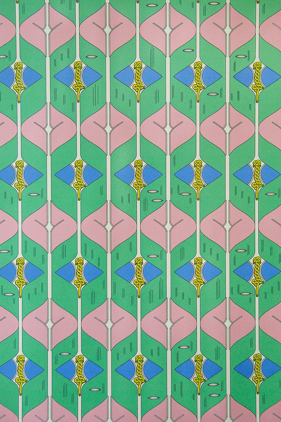 A patterned print. The pattern has a green background; is made of rows of pink and blue diamond-like shapes. The blue shapes have a yellow rope-like shape in the middle. White lines connect each row.