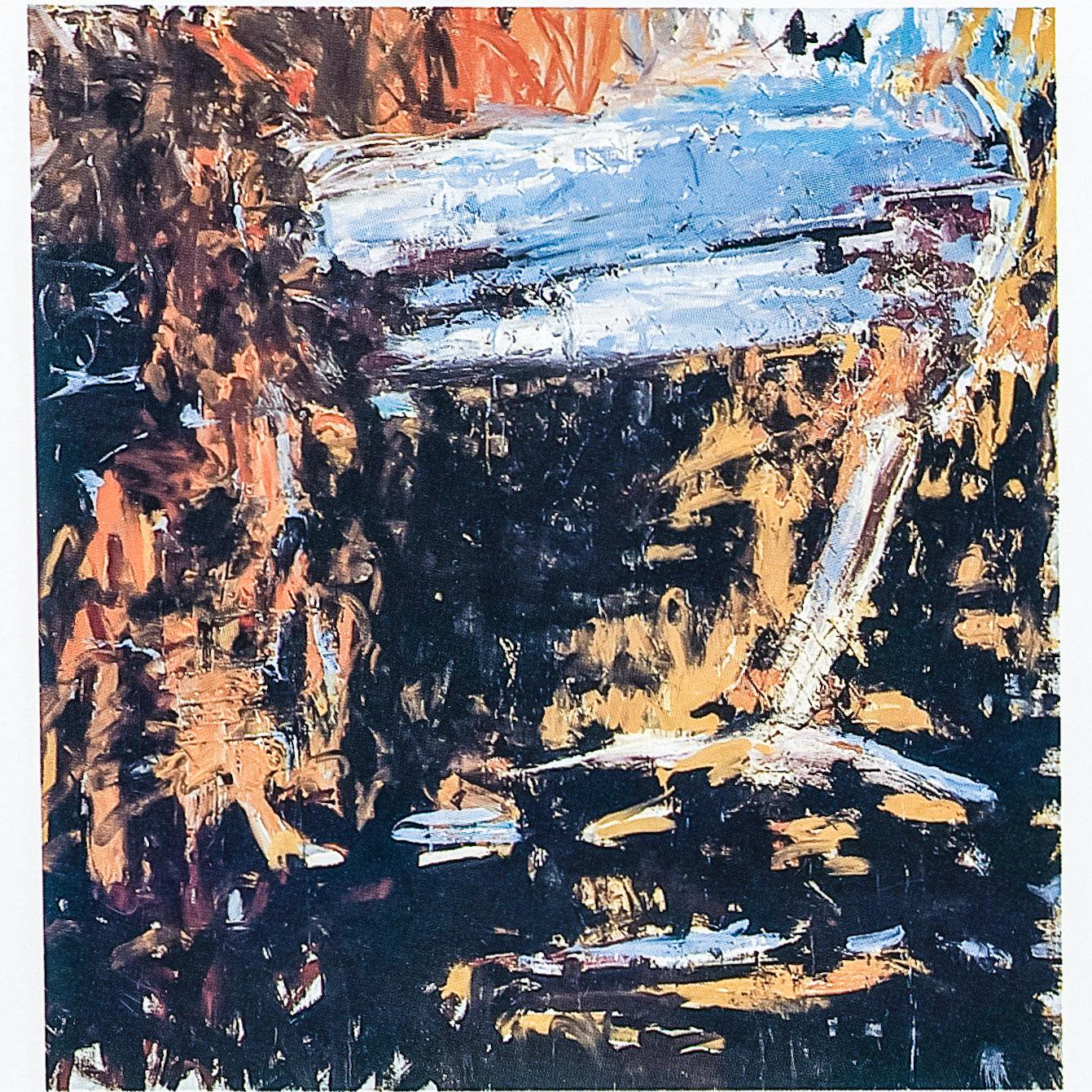 A square, abstract painting made with short gestural brush strokes, and scratches. The colours present in the painting are black, yellow, orange, white, and blue.
