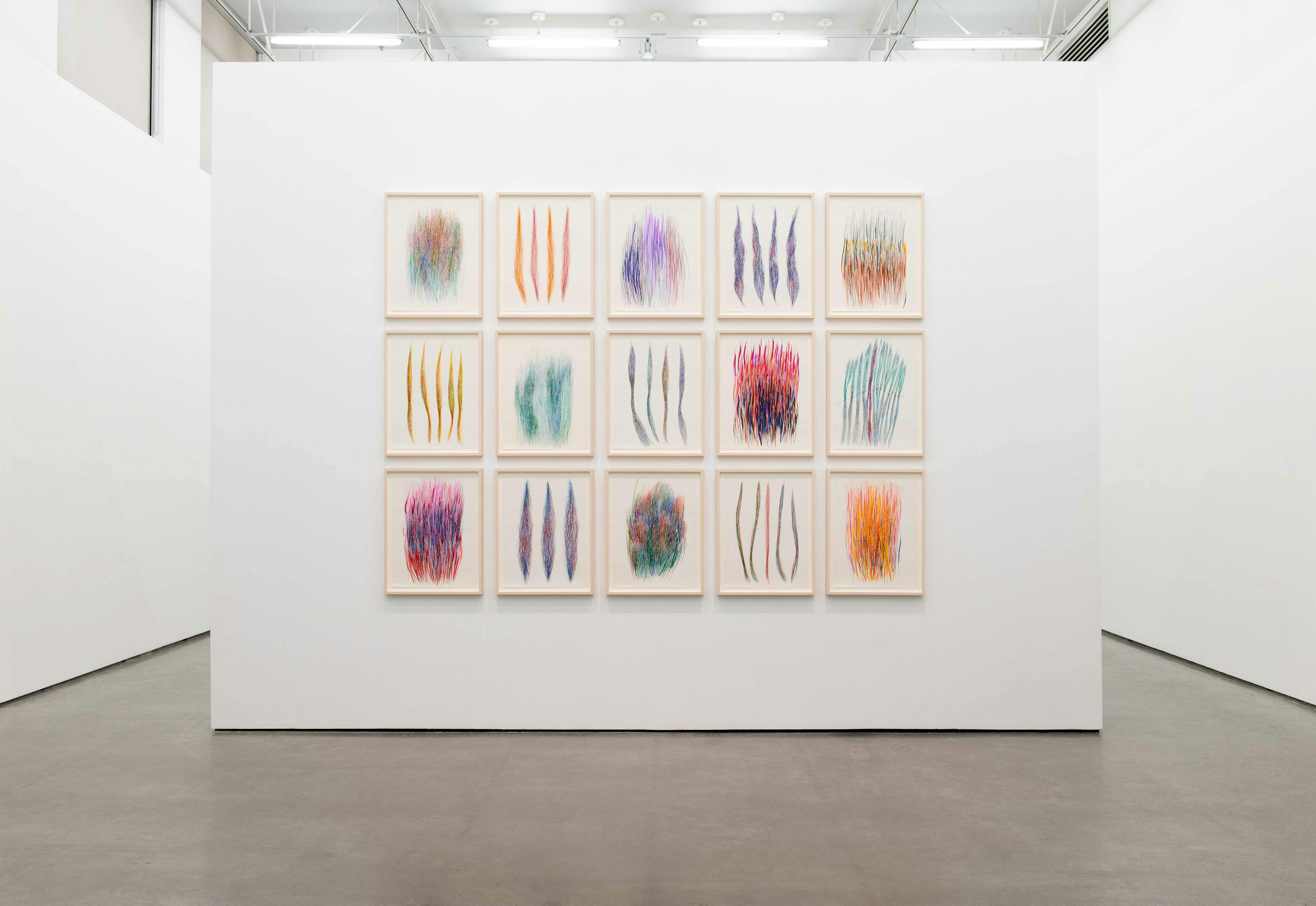 This is an installation view of Charlene Vickers’ drawings. 15 framed drawings of dense vertical lines made with coloured markers hang in a grid on a white wall. 