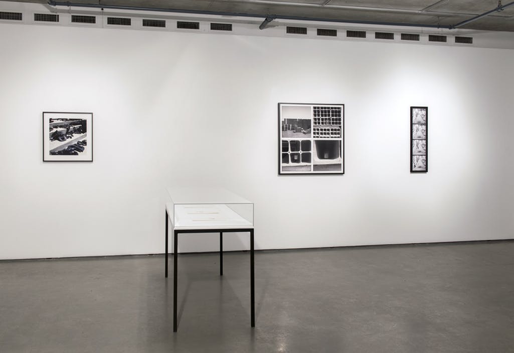 Three, framed black and white photographic works mounted on a gallery wall. In front of the wall, a glass vitrine displays a series of works on paper.